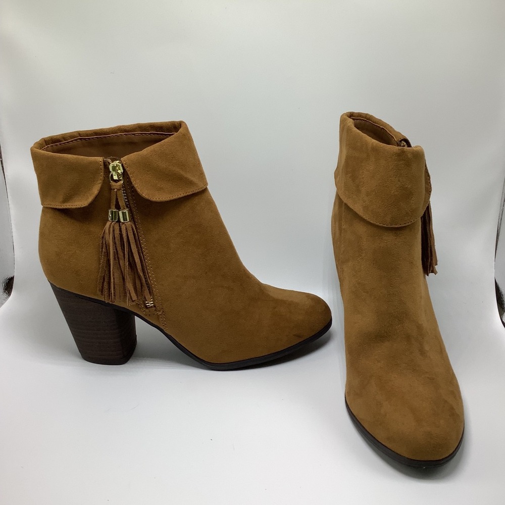 Lauren Conrad Ankle Boots Blockβ Heel 9.5 M Tassel "Sweet Peas Cognac"